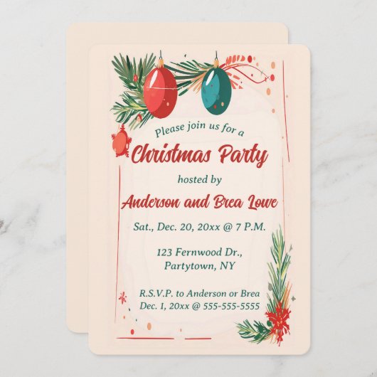 編集可能オーナメントとエバーグリーンクリスマス 招待状 (正面/裏面)