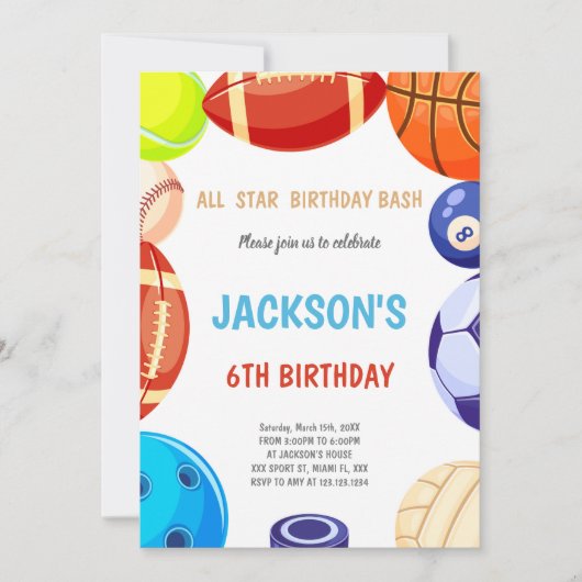 編集可能オールスター数々のスポーツパーティー招待状 招待状 (正面)