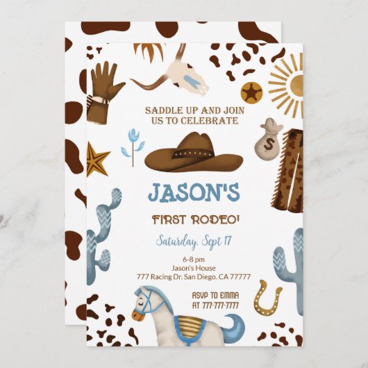 編集可能カウボーイ誕生日招待状 招待状 (正面/裏面)