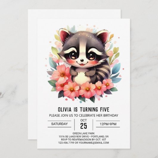 編集可能カスタムラクーンガール誕生日 招待状 (正面/裏面)