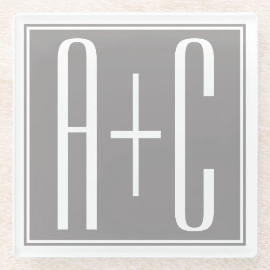 編集可能カップルイニシャル |白とグレー ガラスコースター (正面)