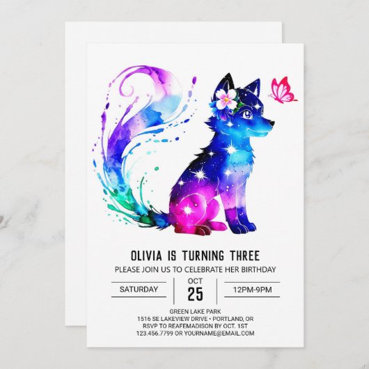 編集可能カラフルウルフデジタルガール誕生日 招待状 (正面/裏面)