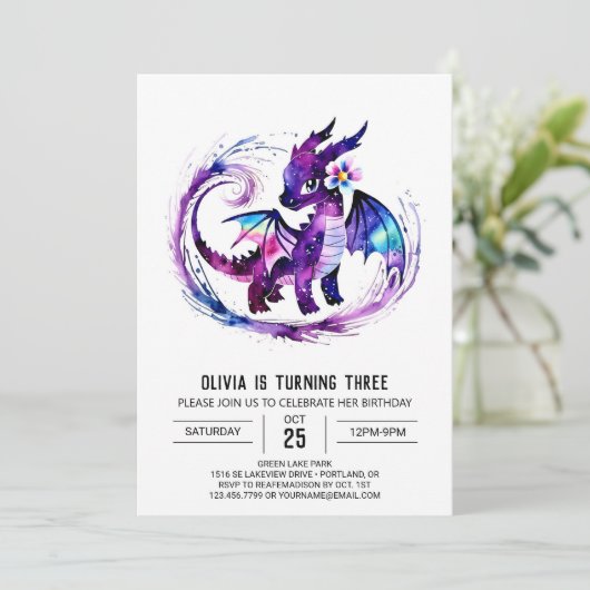 編集可能カラフルドラゴンデジタルガール誕生日 招待状 (スタンド正面)