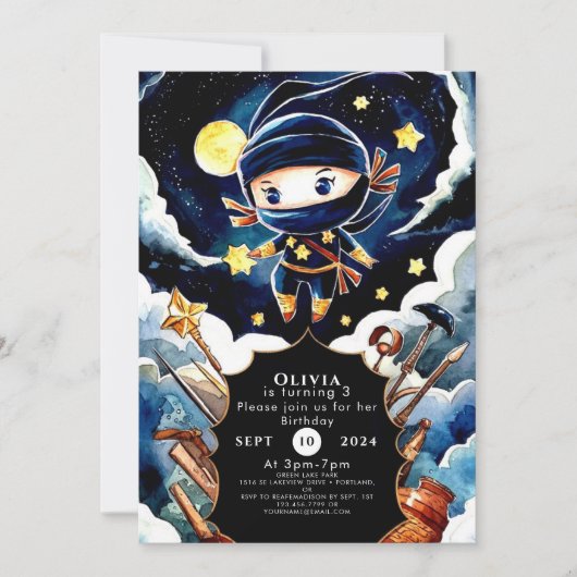 編集可能カラフル忍者誕生日 招待状 (正面)