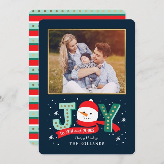 編集可能カラーうれしそうな雪だるまホリデーフォトカード シーズンカード (正面/裏面)