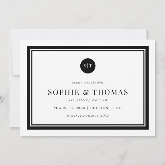 編集可能カラークラシックモノグラム日付の保存 招待状 (正面)