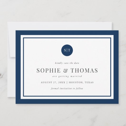 編集可能カラークラシックモノグラム日付の保存 招待状 (正面)