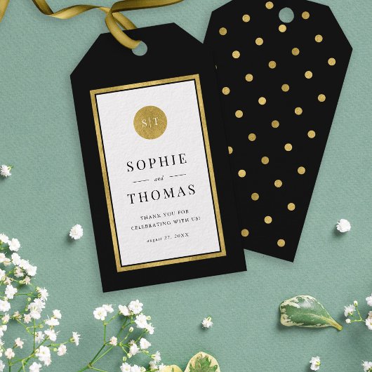 編集可能カラークラシック金ゴールドラウンドモノグラム結婚ズ ギフトタグ