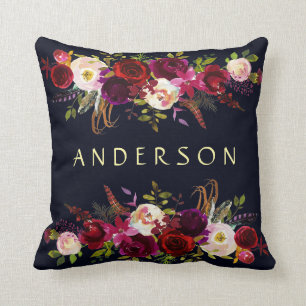 編集可能カラーネイビーブルゴーニュ素朴ボホフローラ クッション