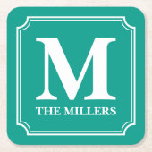 編集可能カラーファミリー名バーパブディーナーモノグラム スクエアペーパーコースター (正面)