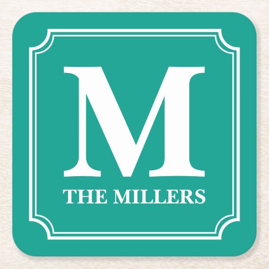 編集可能カラーファミリー名バーパブディーナーモノグラム スクエアペーパーコースター (正面)