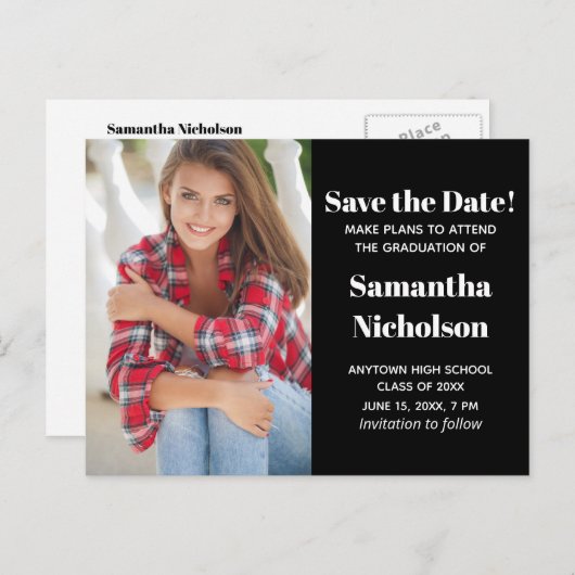 編集可能カラーブラック卒業写真救日付 案内ポストカード (正面/裏面)