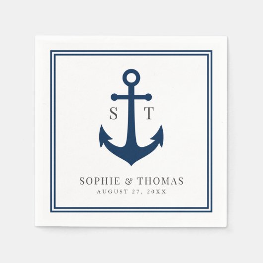 編集可能カラー縁どモノグラムいかり結婚ズ スタンダードカクテルナプキン (正面)