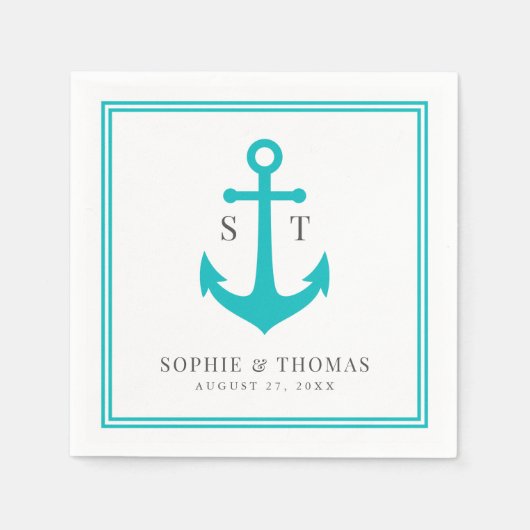 編集可能カラー縁どモノグラムいかり結婚ズ スタンダードカクテルナプキン (正面)