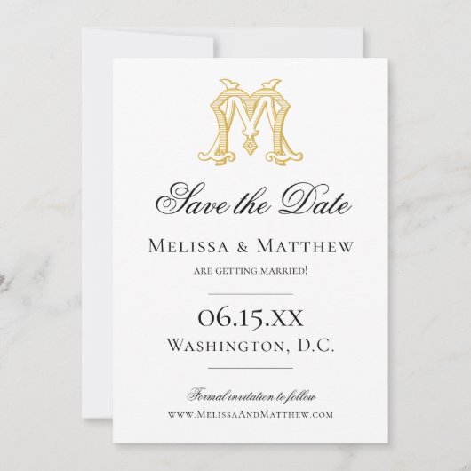 編集可能カラーMMモノグラムMMクレスト招待状 セーブザデート (正面)