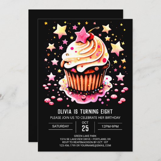 編集可能ガーリーマフィンディライト誕生日 招待状 (正面/裏面)