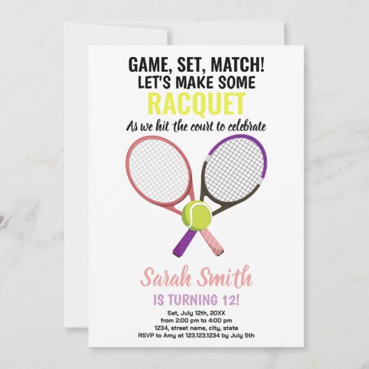 編集可能ガールズスポーツパーティーカードとラケット 招待状 (正面)