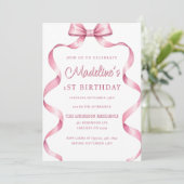 編集可能ガールズピンクコケットボウファースト誕生日 招待状 (スタンド正面)