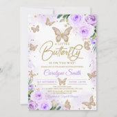 編集可能ガールパープルバタフライベビーシャワー 招待状 (正面)