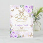 編集可能ガールパープルバタフライベビーシャワー 招待状 (スタンド正面)
