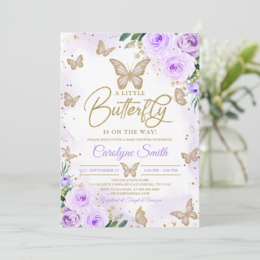 編集可能ガールパープルバタフライベビーシャワー 招待状 (スタンド正面)