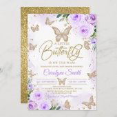 編集可能ガールパープルバタフライベビーシャワー 招待状 (正面/裏面)