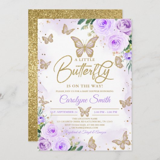 編集可能ガールパープルバタフライベビーシャワー 招待状 (正面/裏面)