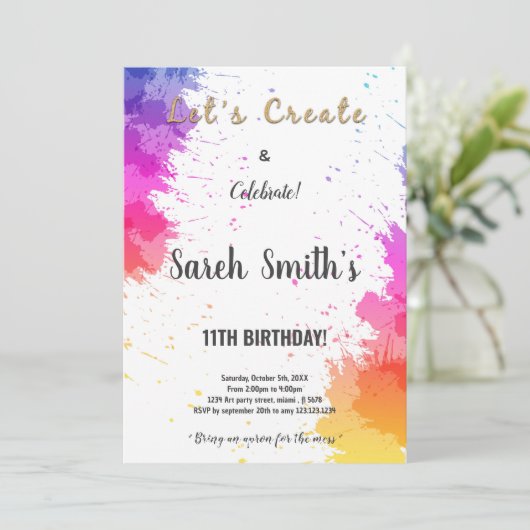 編集可能キッズアートパーティーありがとう招待状カード 招待状 (スタンド正面)