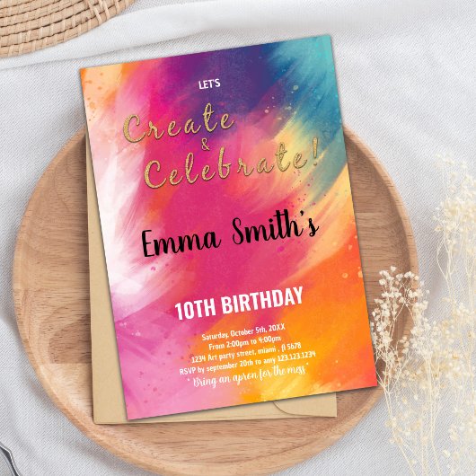 編集可能キッズアートパーティーカードとレインボースプラッシュ 招待状