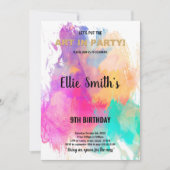 編集可能キッズアートパーティーカードとレインボー(ばちゃばちゃ)跳ねる 招待状 (正面)