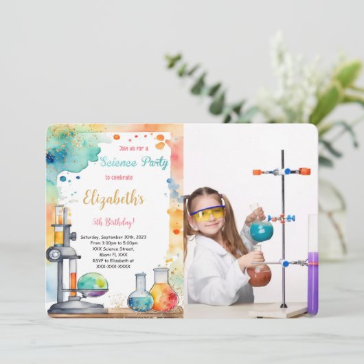 編集可能キッズサイエンスバースデーパーティーの写真 招待状 (スタンド正面)
