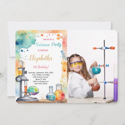 編集可能キッズサイエンスバースデーパーティーの写真 招待状 (正面)