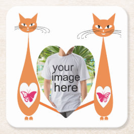 編集可能キャットラブハート-カスタム文字デザイン スクエアペーパーコースター