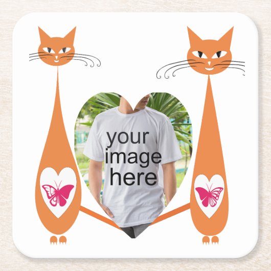 編集可能キャットラブハート-カスタム文字デザイン スクエアペーパーコースター (正面)