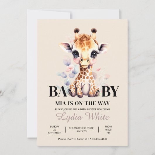 編集可能キリン赤ちゃんシャワー女の子ベビシャワー 招待状 (正面)