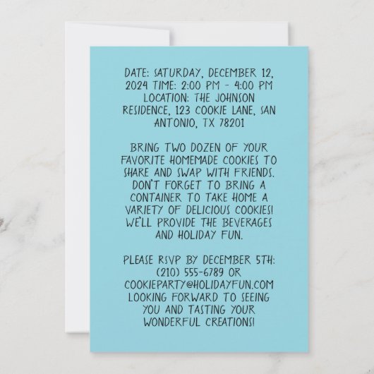 編集可能クリスマスクッキー交換パーティーカスタム 招待状 (裏面)