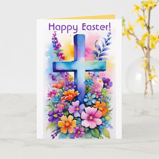 編集可能クロスと花イースター カード (黄色い花)
