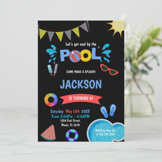 編集可能クールサマースイムパーティー招待状 招待状 (スタンド正面)