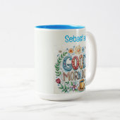 編集可能グッドモーニング名と花 ツートーンマグカップ (正面右)