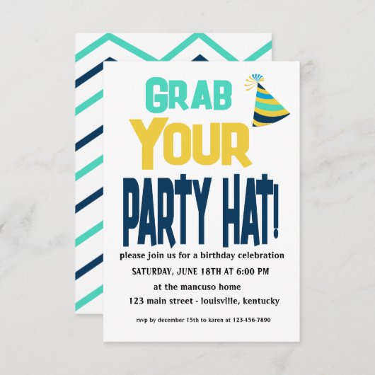 編集可能グラブあなたのパーティー帽子誕生日招待状 招待状 (正面/裏面)