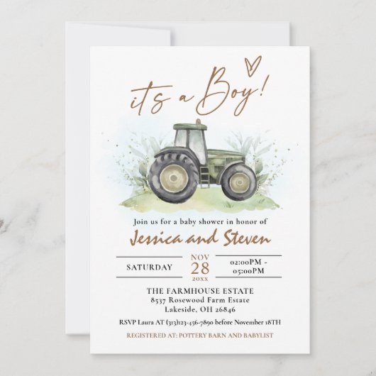 編集可能グリーントラクターベビシャワーランチファーム 招待状 (正面)