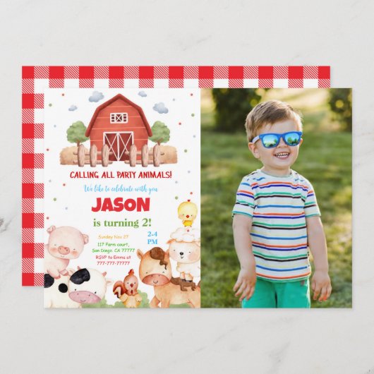 編集可能グリーンファーム誕生日パーティーの写真 招待状 (正面/裏面)