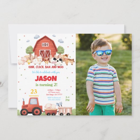編集可能グリーンファーム誕生日パーティーフォト 招待状 (正面)