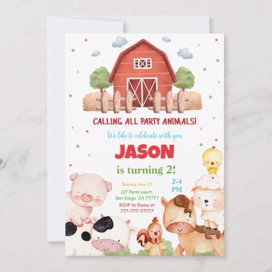 編集可能グリーンファーム誕生日パーティー 招待状 (正面)