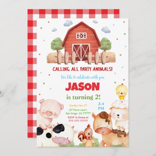 編集可能グリーンファーム誕生日パーティー 招待状 (正面/裏面)