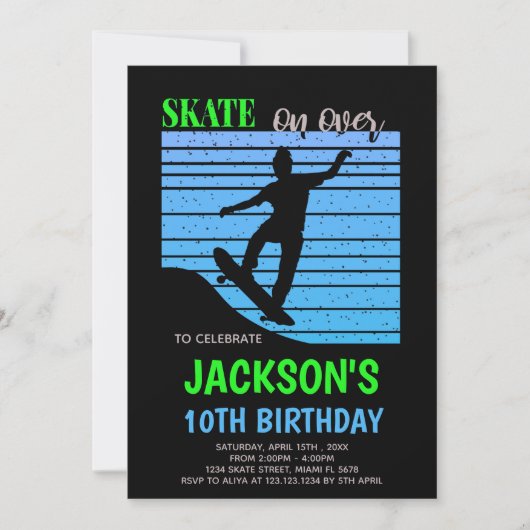 編集可能グリーン&ブルースケーターパーティー招待状 招待状 (正面)