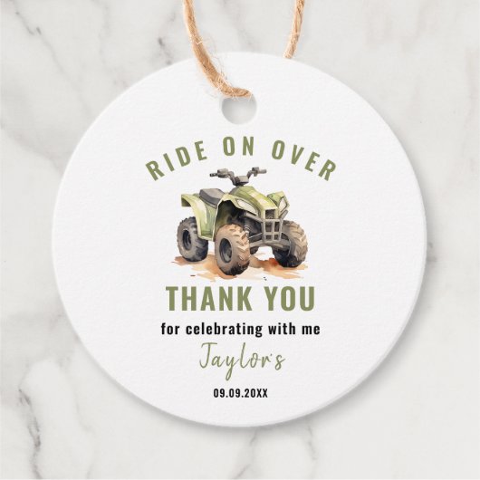 編集可能グリーンATVバイク誕生日円 フェイバータグ (正面)