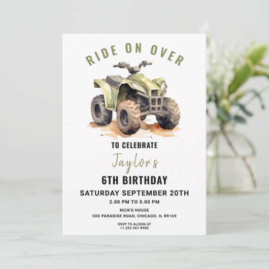 編集可能グリーンATVバイク誕生日招待状 招待状 (スタンド正面)