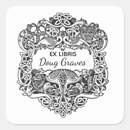 編集可能ケルト結び目模様と鳥の蔵書票シール スクエアシール (正面)