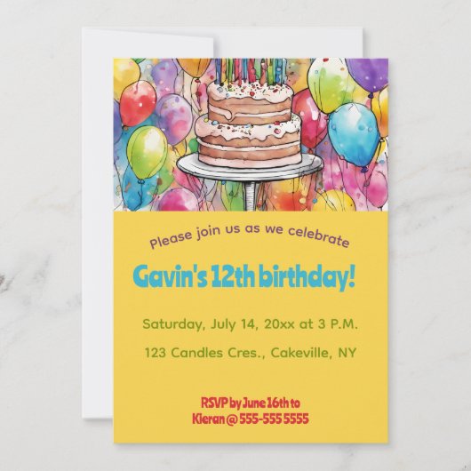 編集可能ケーキとバルーンの誕生日 招待状 (正面)